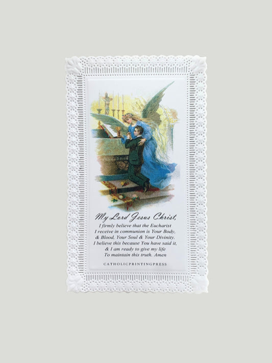 First Communion with My Guardian Angel (Boy) Paper Lace Holy Card (Pack of Two)